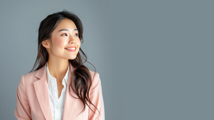 Obraz premium Asian business woman in pink suit smile looking up isolated on gray