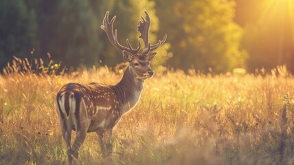 Majestic spotted deer with antlers in sunlit field