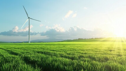 Wind turbine in green field with sunny sky