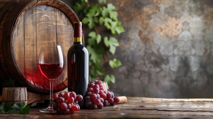 Red wine in glass and bottle with grapes against barrel - obrazy, fototapety, plakaty