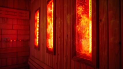 The glowing red heat lamps of the sauna emit warmth onto a persons back providing instant relief from discomfort..