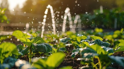 Green plants growing in agricultural field with modern automatic watering system.
