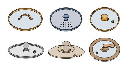 Kitchen lids vector icon set. Glass covers made of stainless steel, iron, copper, wood, porcelain. Round caps with holes for steam. Dishes for cafes, dining. Hand drawn clipart, tableware sketch