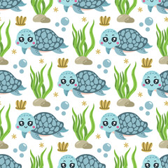 Funny sea turtle seamless vector pattern. Cute underwater animal swims among shells, reef seaweed, bubbles. Happy ocean reptile, friendly tortoise. Wild marine life, cartoon background for kids