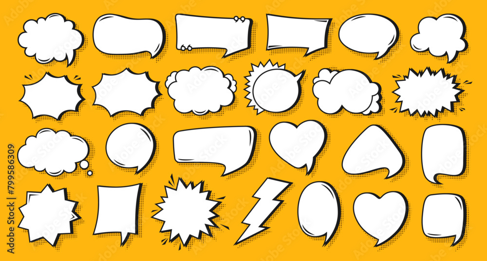 Fototapete retro speech bubble comic set. pop art empty chatting box design, dialog clouds message box with hal