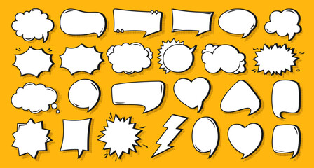 Retro speech bubble comic set. Pop art empty chatting box design, dialog clouds message box with halftone dot. Comics frame book, balloon banner. Cartoon vintage 80s-90s Vector illustration Isolated