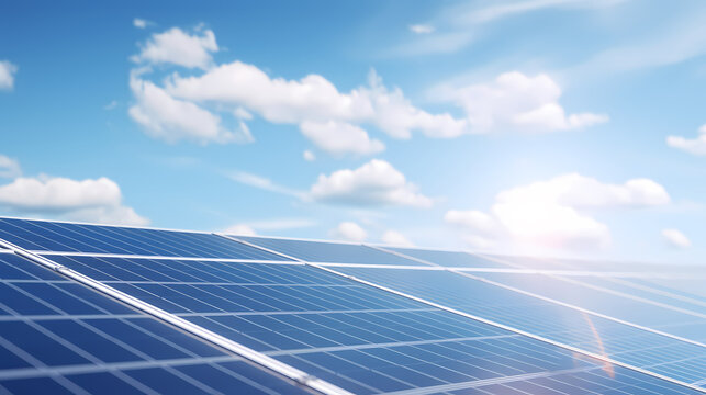 Solar panel array under blue sky and white clouds