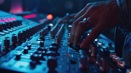 Close-up of hands adjusting knobs on sound mixer in dimly lit environment with blue tones