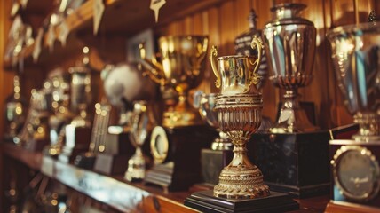 Variety of trophies displayed on wooden shelf, signifying awards and achievements