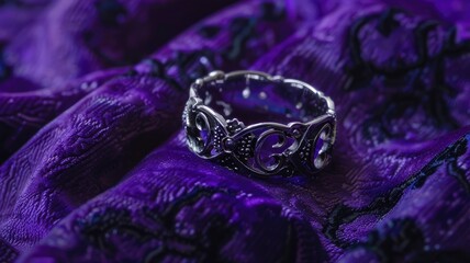 Silver bracelet with intricate design on purple embroidered fabric