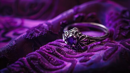 Silver ring with purple gemstone on violet embroidered fabric