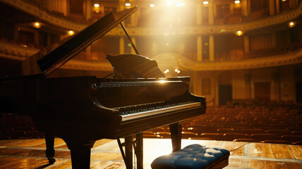 Grand piano on stage with open lid, illuminated by lights in empty theater
