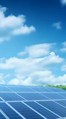 Solar panel array under blue sky and white clouds