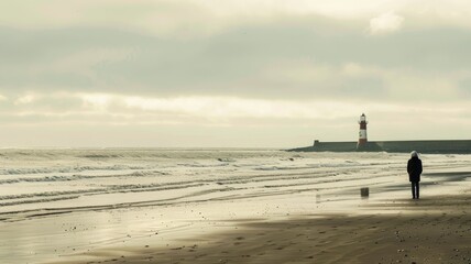 Person walking on beach towards lighthouse with waves and cloudy sky