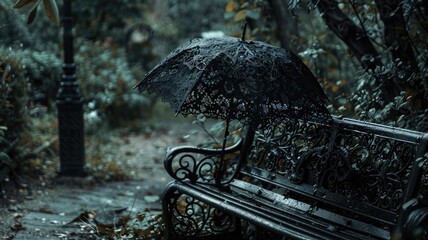 Ornate umbrella rests on decorative park bench amidst moody, blue-toned foliage