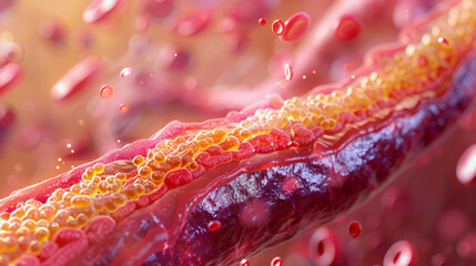 Digital illustration of cholesterol buildup in an artery, depicting the concept of atherosclerosis and cardiovascular disease.