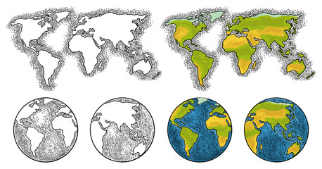 Earth planet globe and map. Vector color and black vintage engraving illustration isolated on a white background. For web, poster, info graphic. - 799587508
