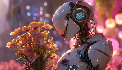 Witness the subtle interplay of advanced robotics and timeless love as they dance under a neon-lit sky Picture a robot holding a bouquet of pixelated flowers for its metallic sweet