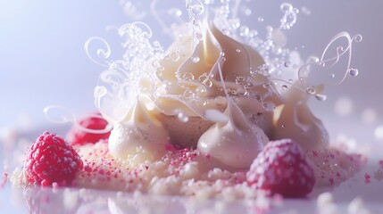 Explore a worms-eye view of a beautifully garnished dessert through VR tech, capturing intricate sugar sculptures in a surreal, poetic dance of light and shadow