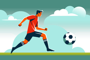 Illustrated soccer player kicking ball on football field. Fitness concept. Flat vector illustration