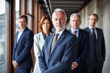 Portrait of senior businessman standing in front of his team in office
