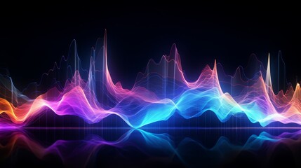 Sound wave visual on an abstract background, incorporating neon colors and fluid dynamics,