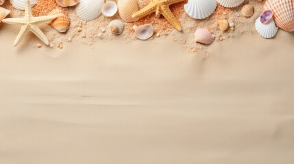 Fototapeta na wymiar Seashell collection on a textured sand background, space for text at the top,