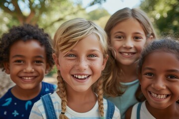 Portrait of a group of smiling children looking at camera in the park