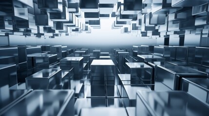 Obraz premium Array of reflective 3D cubes, creating a mirror effect, high-tech background with a sense of advanced technology,