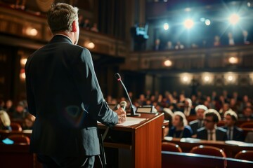 Politician speaks to an audience from the podium