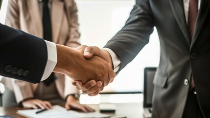 Confident man and woman shaking hands in a well-lit office after a successful job interview, both dressed in formal suits, Canon captured professional imagery.