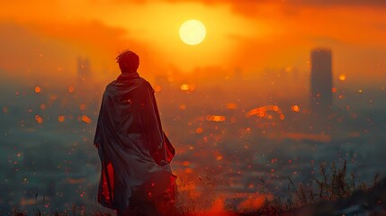 Obraz premium Empowering Sunset: Figure in Flowing Cape and Bokeh