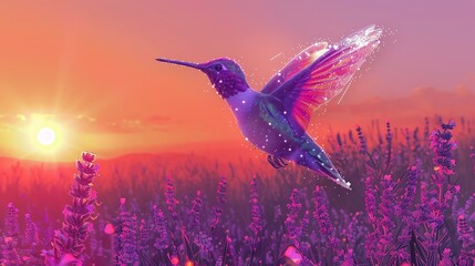Capture a metallic hummingbird mid-flight against a lavender sunset in a pixelated