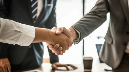 Confident man and woman shaking hands in a well-lit office after a successful job interview, both dressed in formal suits, Canon captured professional imagery. - obrazy, fototapety, plakaty