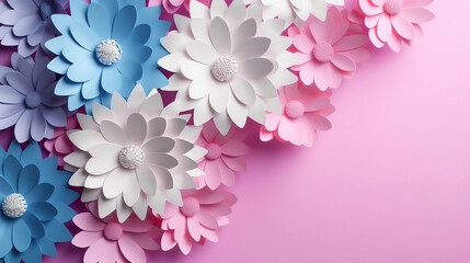 Colorful paper flowers isolated on pink background with smooth aesthetic color. 3D render illustration of paper cut with copy space on the background.
