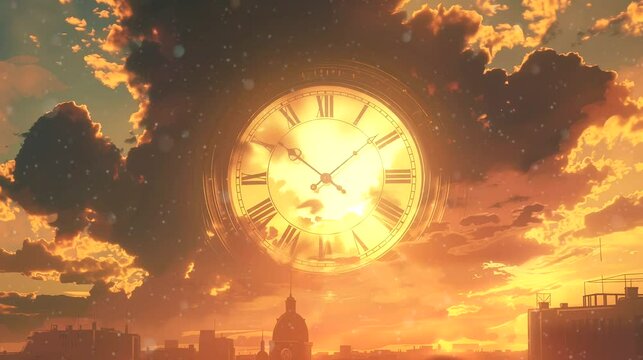 Giant clock in sunset sky. Surreal concept, anime illustration style, looping 4k video animation background