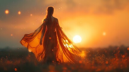 Dramatic Sunset Dreams: Figure in Cape and Bokeh