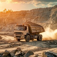 Diesel-powered coal trucks are at mining sites making delivery trips on rocky and sandy roads. Sunny weather background with sunlight reflection - obrazy, fototapety, plakaty