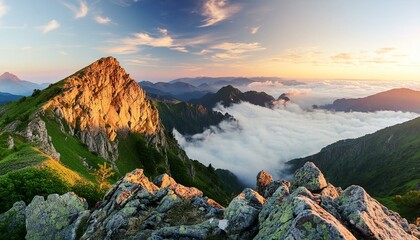  a dramatic mountain vista, with rugged peaks reaching towards the clouds and the first light of dawn painting the landscape with soft hues, ideal for outdoor adventure brands - obrazy, fototapety, plakaty