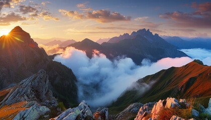  a dramatic mountain vista, with rugged peaks reaching towards the clouds and the first light of dawn painting the landscape with soft hues, ideal for outdoor adventure brands - obrazy, fototapety, plakaty