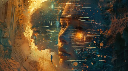 Portray the fusion of consciousness and artificial intelligence through a birds-eye view