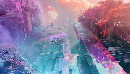 Craft a high-angle view of a mesmerizing, ethereal garden merging with futuristic AI elements in a dreamy collage of surreal colors