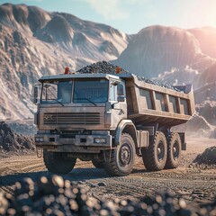 Diesel-powered coal trucks are at mining sites making delivery trips on rocky and sandy roads. Sunny weather background with sunlight reflection