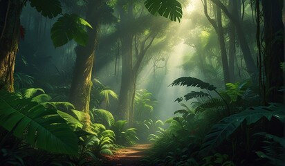 A lush dense rainforest, with tall, leafy trees creating a lush green canopy over the forest floor. Filtered rays of sunlight penetrate the leaves, creating patterns of light.