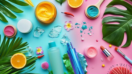Colorful cosmetic products arranged creatively - A bright and colorful arrangement of various beauty cosmetic products, surrounded by natural floral and fruit elements - obrazy, fototapety, plakaty