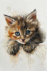 Adorable fluffly kitten with big blue eyes - A captivating portrait of an extremely fluffy kitten with piercing blue eyes amid watercolor splashes - obrazy, fototapety, plakaty