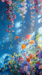 Hanging flowers against a moody blue wall - A captivating composition of hanging flowers set against a moody blue wall, creating both tension and harmony in the contrast - obrazy, fototapety, plakaty