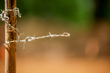 Sharp barbed wire protruding from a metal fence post