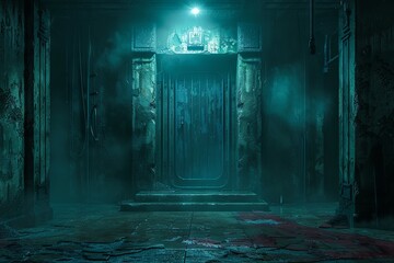 Atmospheric abandoned horror game scene - A chilling abandoned elevator shaft with eerie lighting, creating a suspenseful horror scene perfect for games - obrazy, fototapety, plakaty
