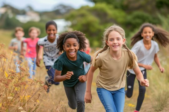 Portrait of smiling children running in field during obstacle course in boot camp